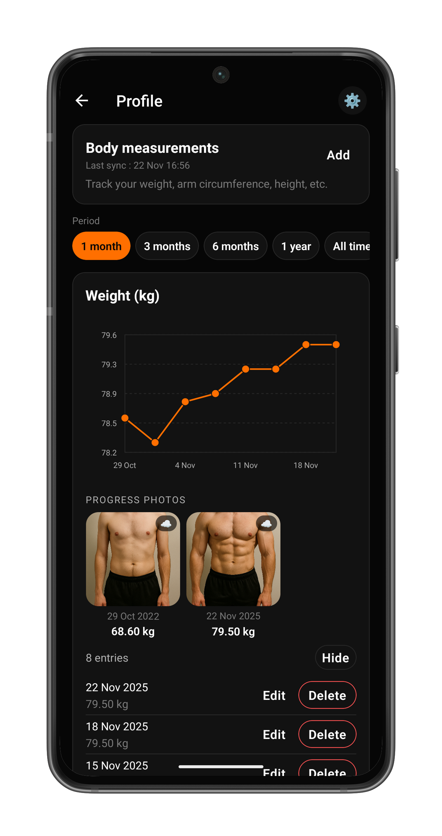 Revelto body measurements and progress photos tracking interface